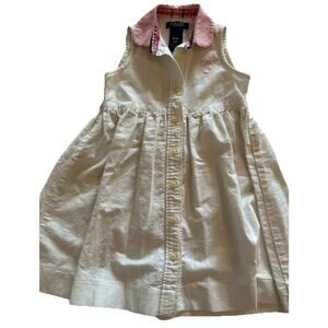 Chaps Girls 3/3T White Cotton Pink Peter Pan Collar Dress Monogram “C” A-line